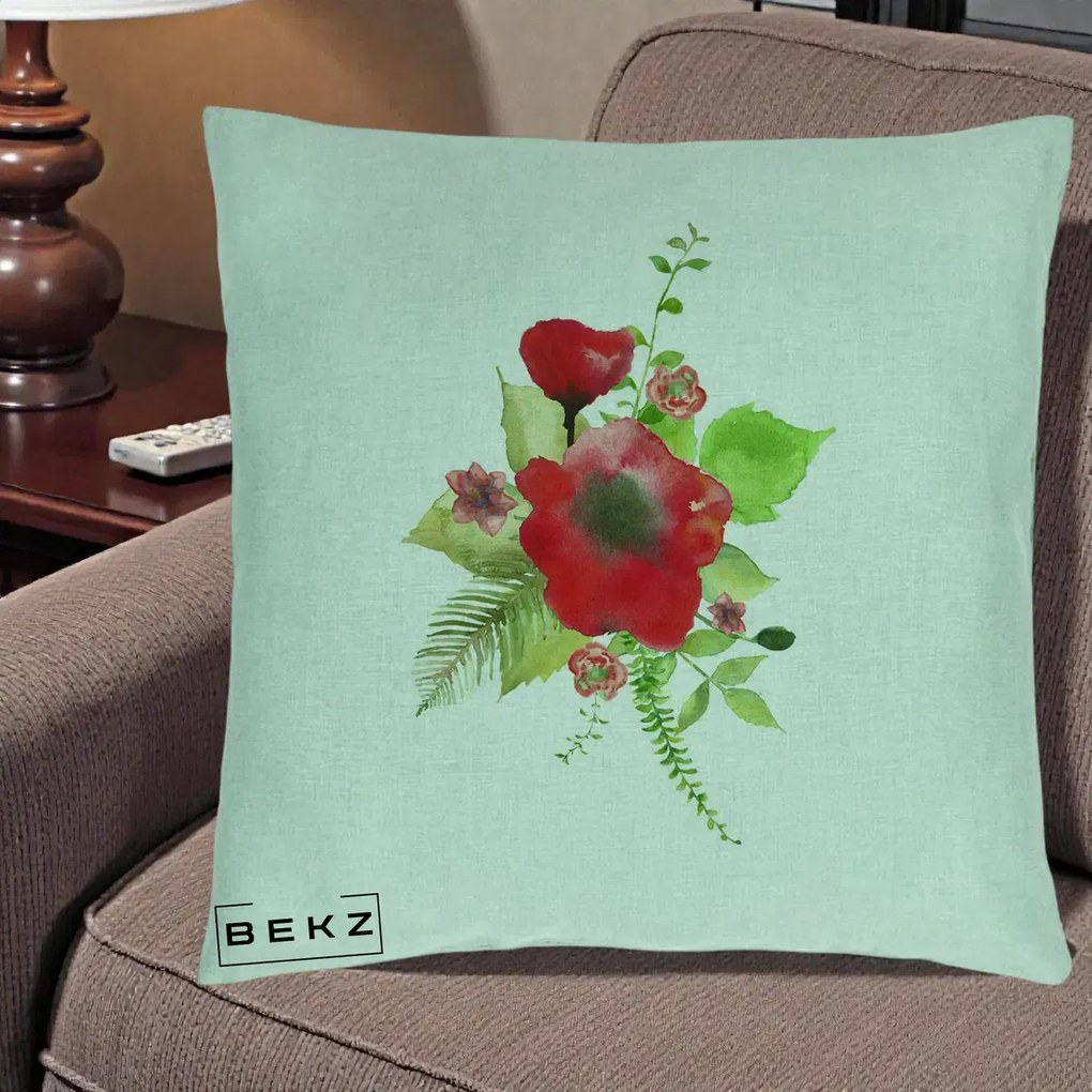 Perna Decorativa Buchet Rosu Acuarela, 40x40 cm, Verde Menta, Husa Detasabila, Perna Inclusa, BEKZ®