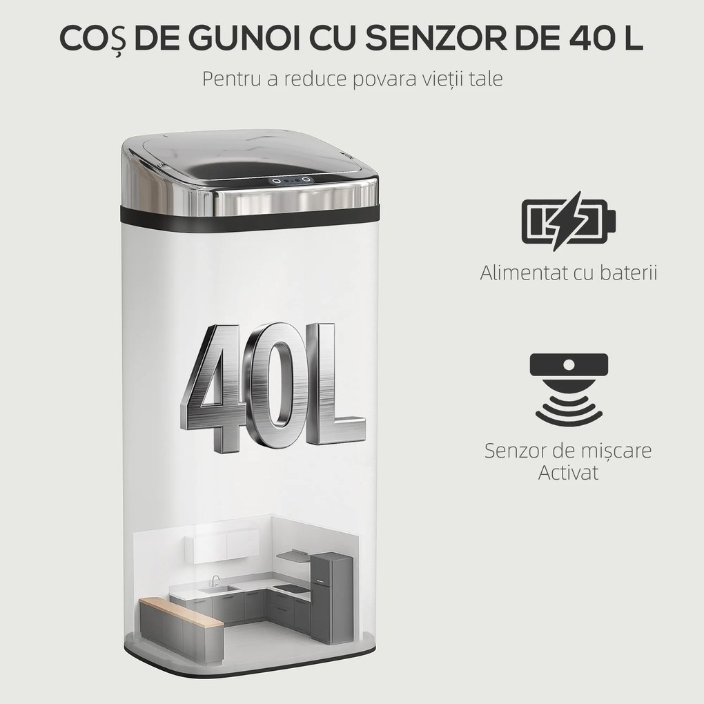 HOMCOM Cos de gunoi cu senzor 50L inox elegant | Aosom Romania