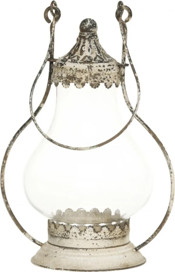 Felinar vintage din metal, cu mâner, finisaj crem antichizat, H31 cm
