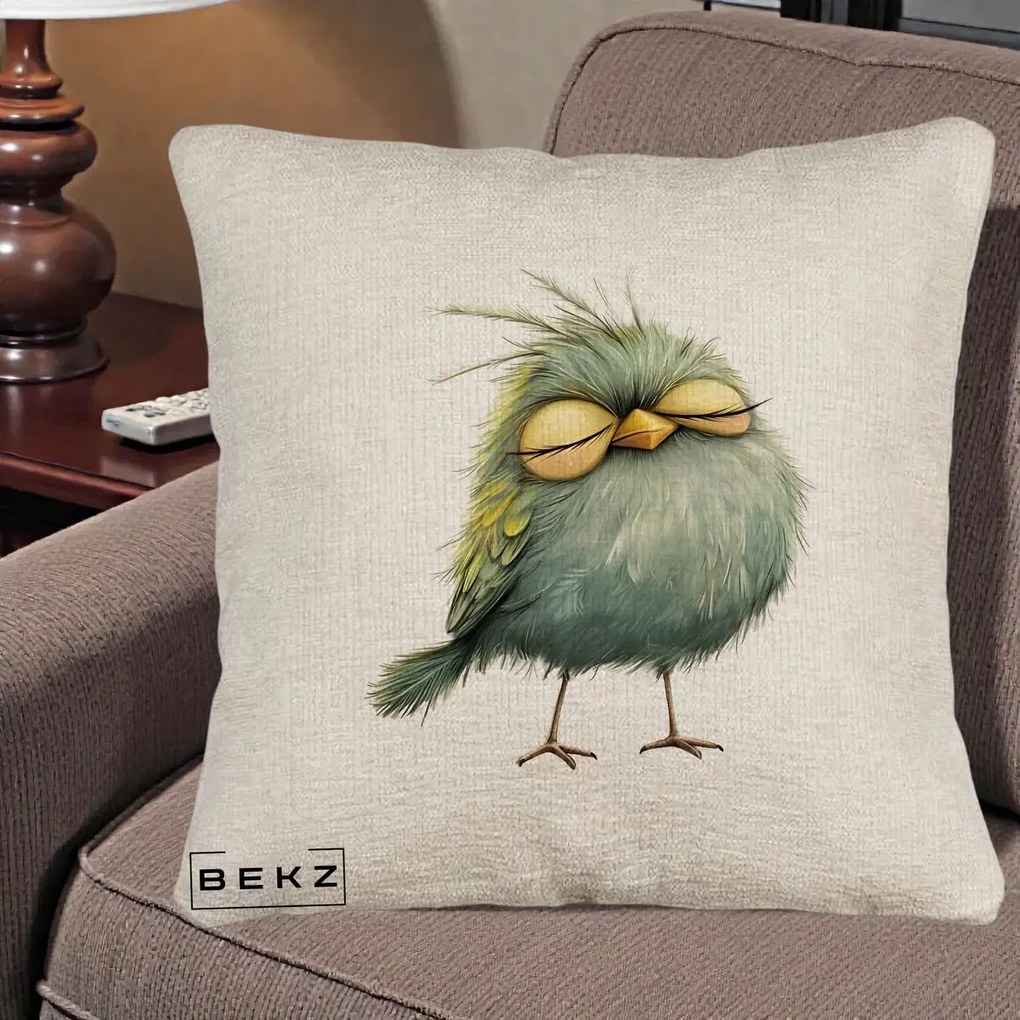 Perna Decorativa Pasare Teal Adormita cu Ochi Galbeni, 40x40 cm, Bej Canapea, Husa Detasabila, Perna Inclusa, BEKZ®