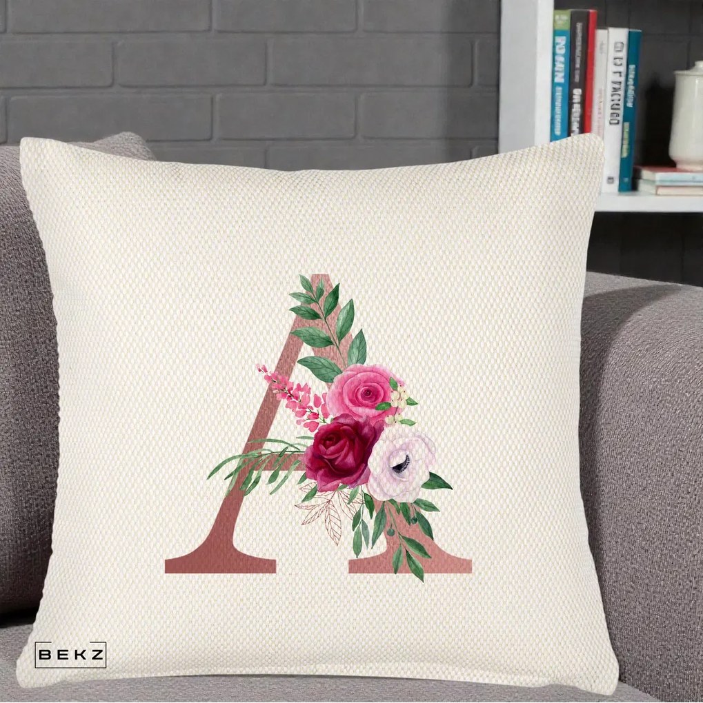 Cadou Personalizat - Perna Personalizata Monograma Rose Gold Litera A, 40x40 cm, Crem Reliefat, Husa Detasabila, Perna Inclusa, BEKZ®