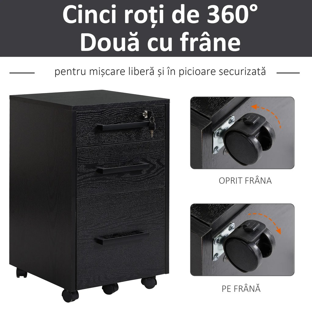 HOMCOM Comodă pentru Birou cu 3 Sertare și 5 Roți, Suport Documente, 39,2x40x65,4 cm, Negru | Aosom Romania