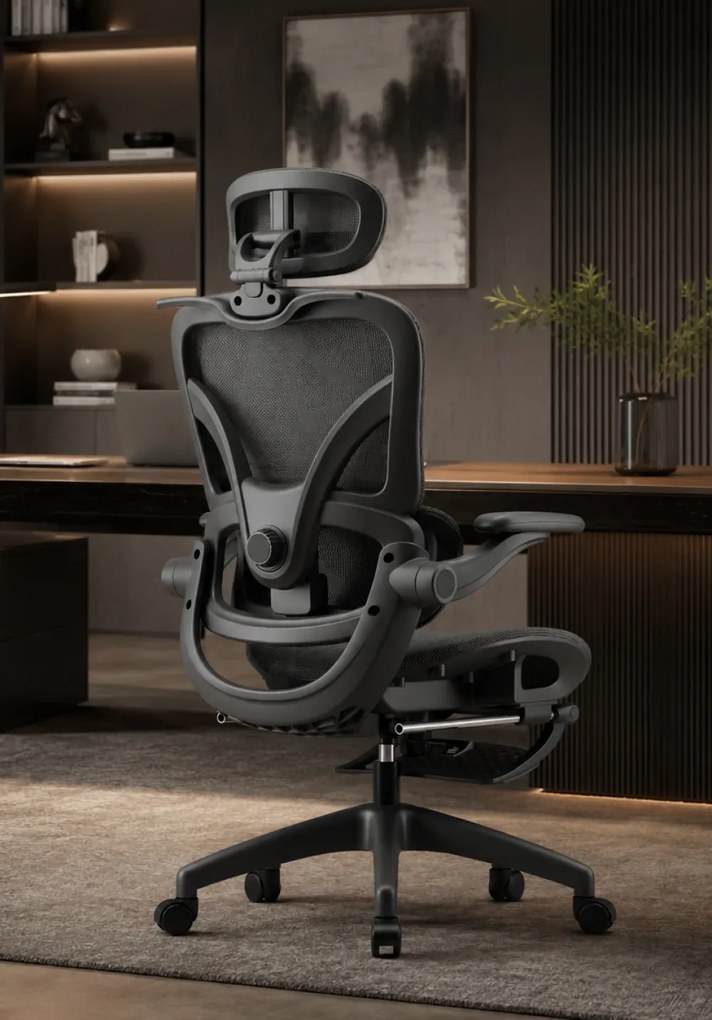 ErgoVision Pro – Scaun Ergonomic, Suport Lombar Reglabil, Umeras, Cotiere Rabatabile, Suport pentru Picioare, Mesh, Negru