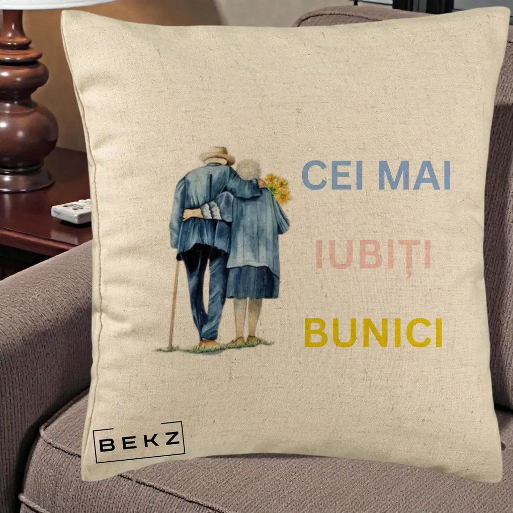 Cadou pentru Bunici - Perna Personalizata Cei Mai Iubiti Bunici Acuarela Spate, 40x40 cm, Bej, Husa Detasabila, Perna Inclusa, BEKZ®