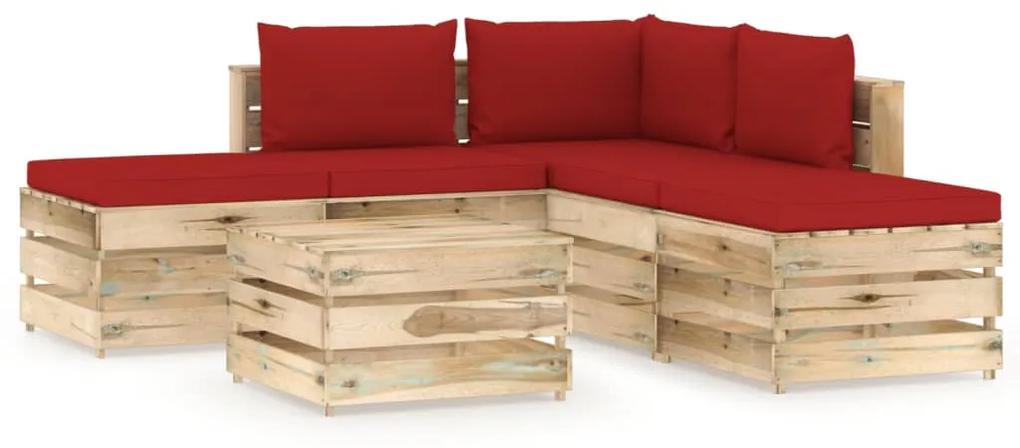 Set mobilier gradina cu perne, 6 piese, lemn verde tratat rosu si maro, 6