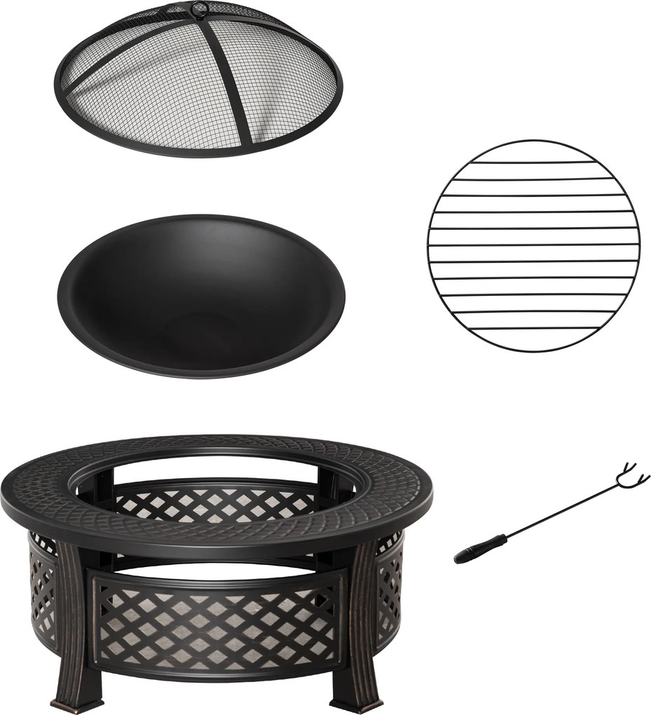 Outsunny Cuvă de foc cu cârlig, protecție la scântei, coș de foc, masă pentru foc rotund, loc de foc pentru grădină, camping, BBQ, oțel, negru, 81 x 81 x 50 cm | Aosom Romania