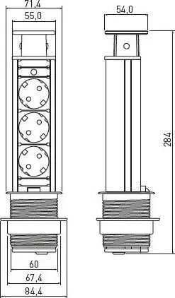 Priză încorporabilă în blat Elevator GTV, 3 prize Schuko, negru, D:60 mm Aluminiu/ plastic, Negru, D:60 mm