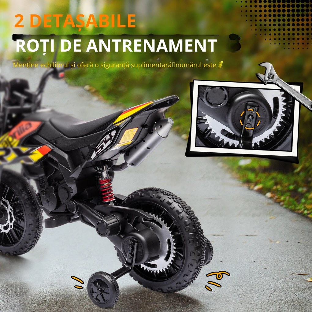 AIYAPLAY Motocicletă Electrică pentru Copii 3-8 Ani, 2 Motoare 12V, Roți Ajutătoare Detașabile, 30 kg, Galben | Aosom Romania