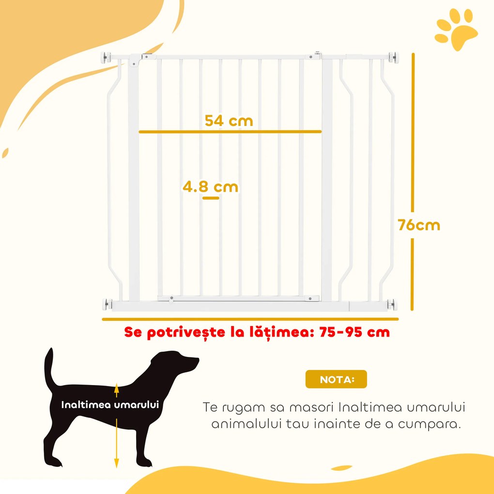 PawHut Poartă pentru Câini, Barieră Largă pentru Scări cu Ușă, 76x75-95 cm, Alb | Aosom Romania