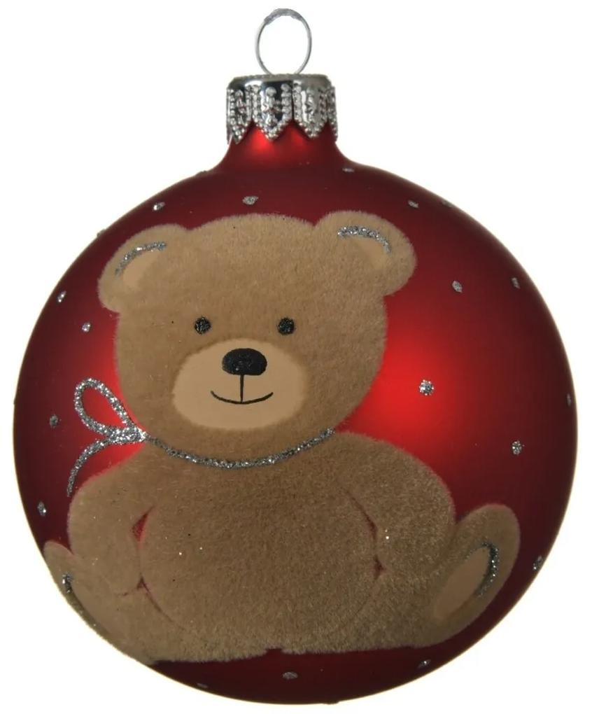 Glob Teddy Bear, Decoris, Ø8 cm, sticla, rosu/maro