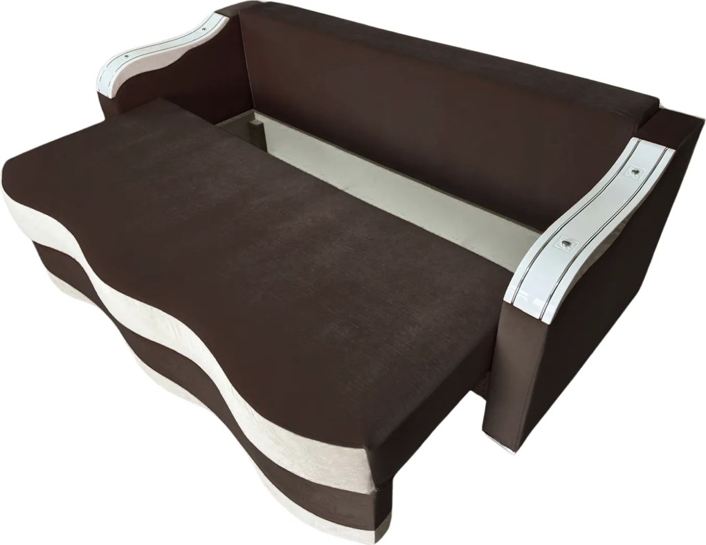 Canapea DIANA extensibila, 3 locuri, cu lada de depozitare, catifea crem cu maro , 220x100x80 Maro + Crem, Catifea