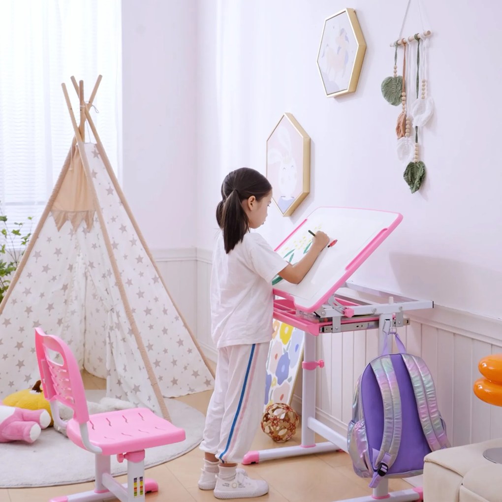 HOMCOM Set Masă și Scaun pentru Copii Reglabilă pe Înălțime, cu Blat Înclinabil 45°, 66x47x52-77 cm, Roz | Aosom Romania