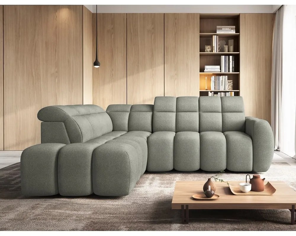 Colțar verde prăfuit extensibil/cu spațiu de depozitare cu tapițerie din țesătură bouclé (cu colț pe partea stângă/în formă de ”L”) Falconn – ELTAP