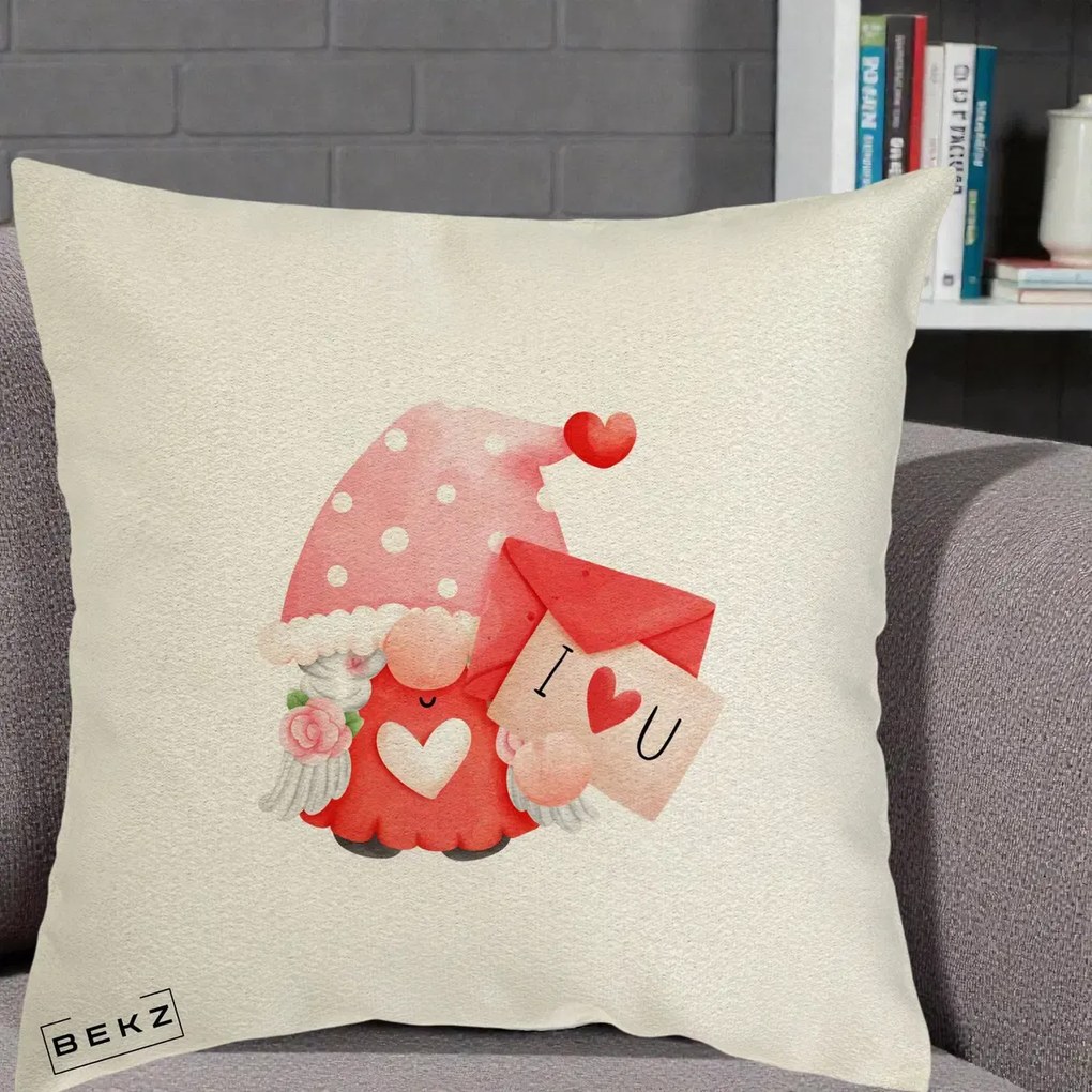 Cadou Romantic - Perna Personalizata I Love You Gnome Valentine cu Scrisoare, 40x40 cm, Ecru, Husa Detasabila, Perna Inclusa, BEKZ®