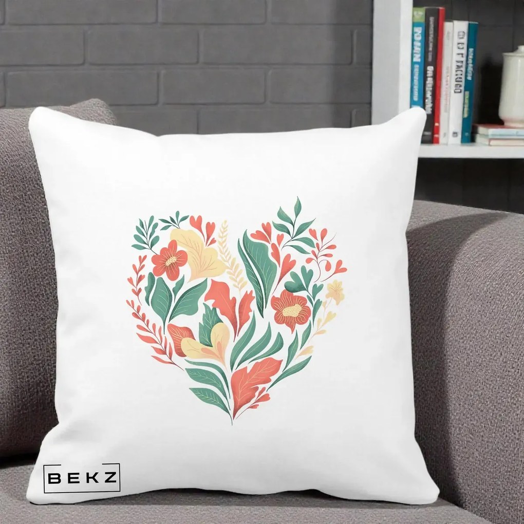 Perna Decorativa Inima Florala Botanica, 40x40 cm, Alba Mata, Husa Detasabila, Perna Inclusa, BEKZ®