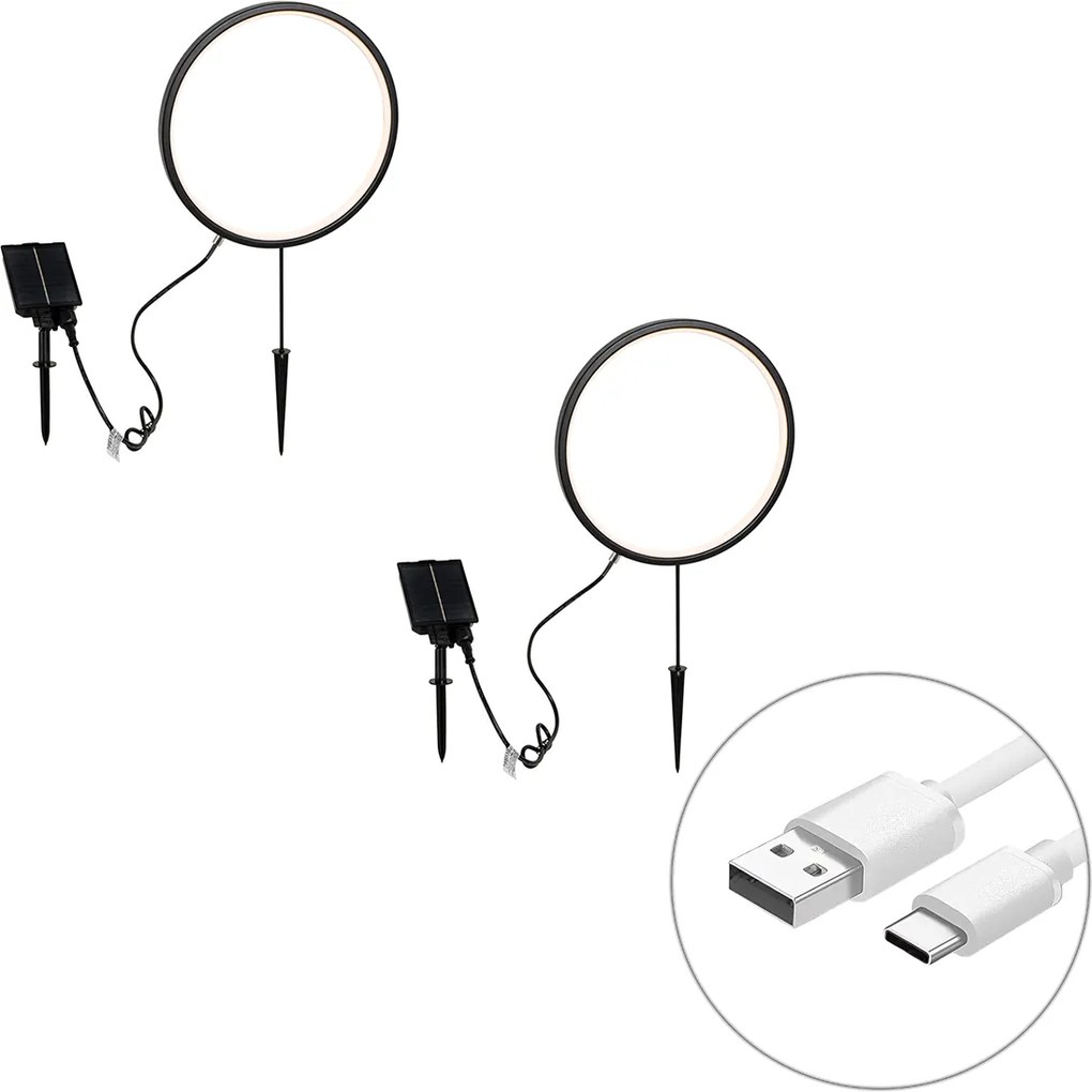 Set 2 x Spoturi solitare negre 60cm cu LED reîncărcabil și solar IP65 - Adalind