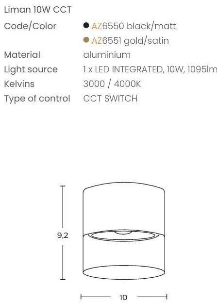 Spot aplicat auriu LED LIMAN 10W CCT