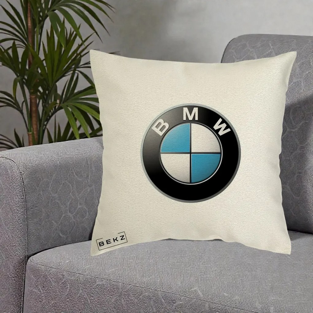 Perna Personalizata cu emblema BMW, 40x40 cm, Ecru, Husa Detasabila, Perna Inclusa, BEKZ®