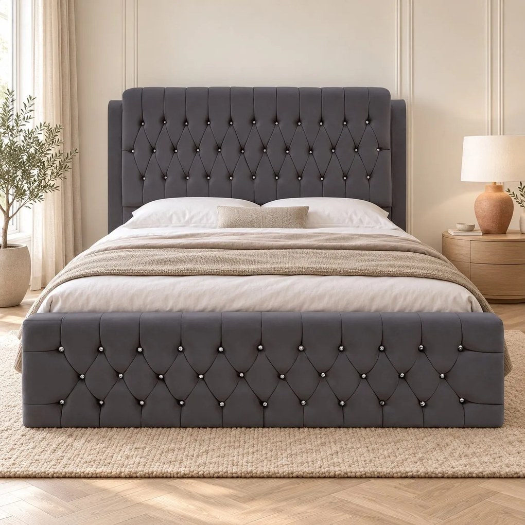 Pat tapițat Chesterfield din catifea Aveline Deluxe 160×200 cm, gri închis, cu ladă de depozitare