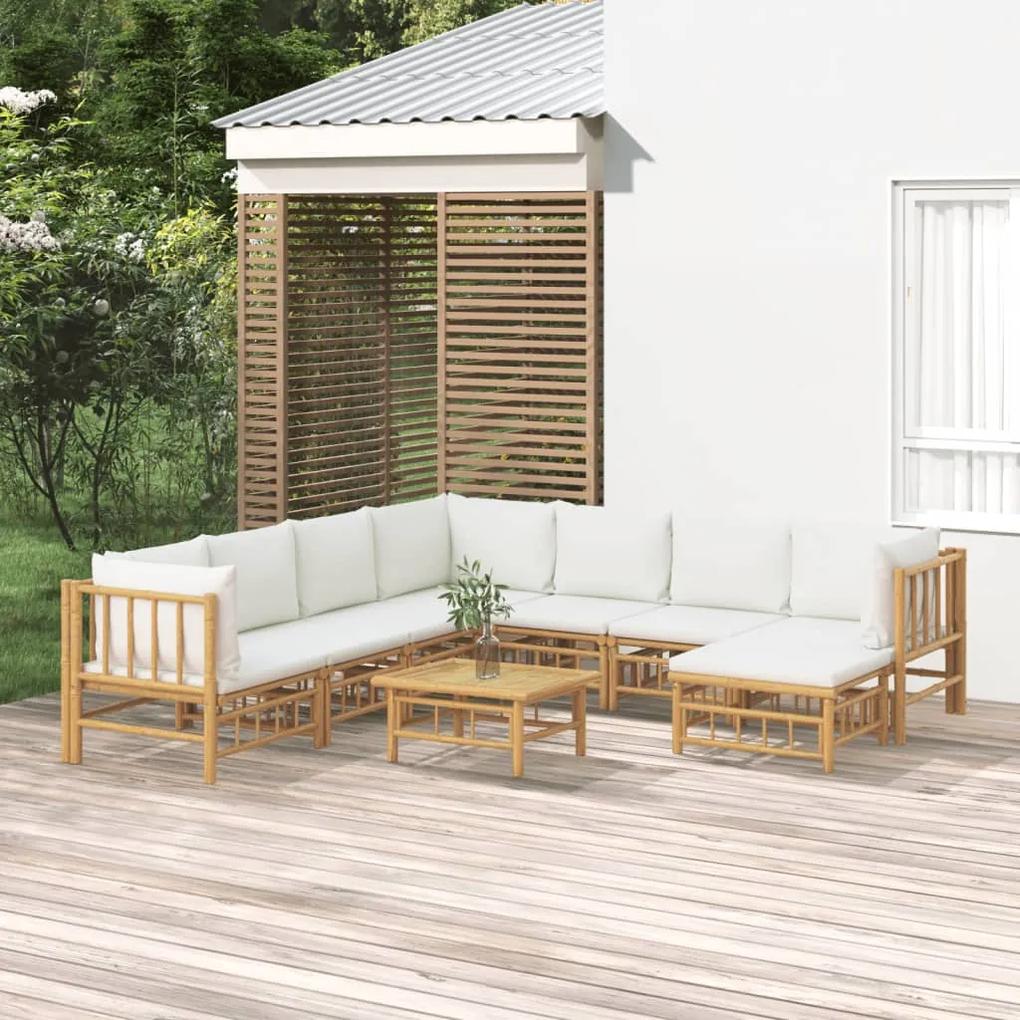 3155196 vidaXL Set mobilier de grădină, cu perne alb crem, 9 piese, bambus