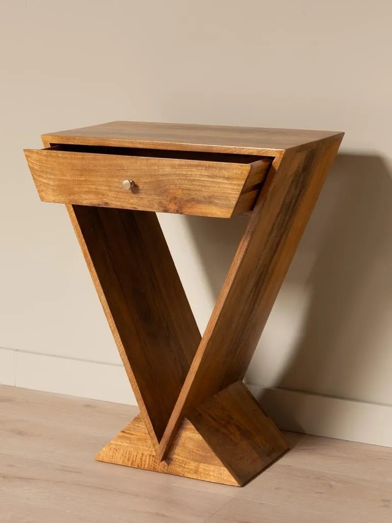 Măsuță laterală din lemn de mango, cu 1 sertar, design geometric, natur, finisaj satinat, 60×35×77 cm, „Penrose"