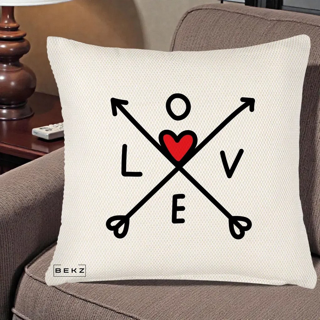 Perna Decorativa Love cu Sageti Incrucisate si Inima Rosie, 40x40 cm, Crem Reliefat, Husa Detasabila, Perna Inclusa, BEKZ®