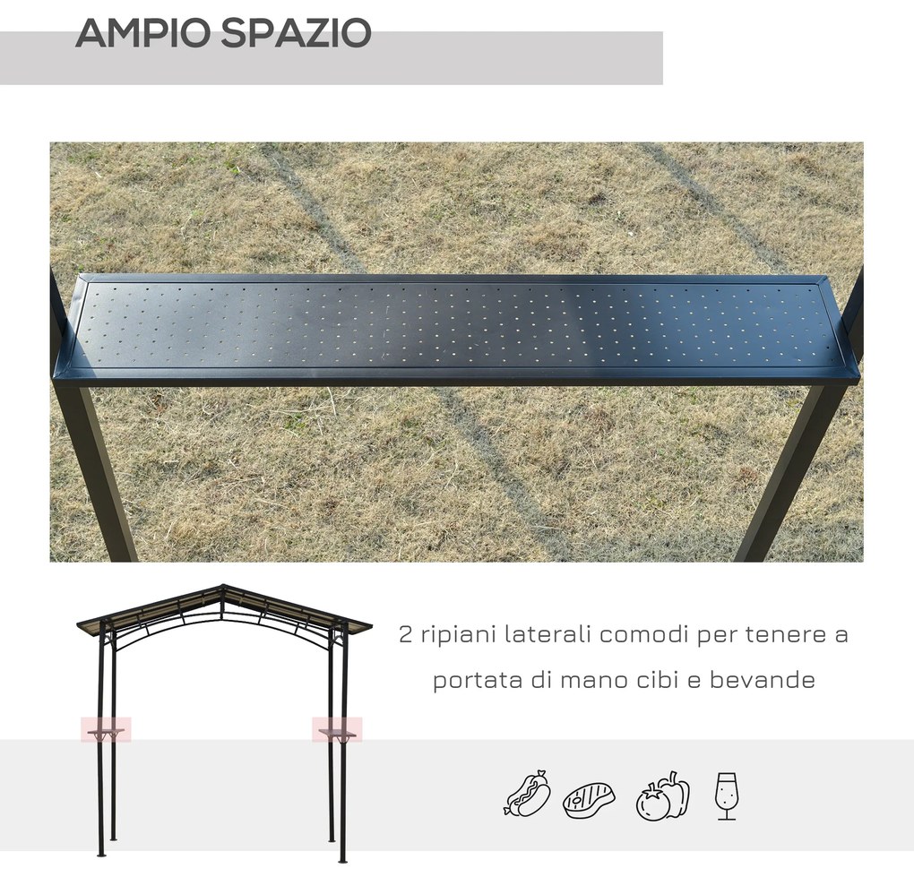 Outsunny Foișor de Grădină cu Acoperiș din PC și Rafturi Laterale, Structură din Aluminiu și Metal, 246x149x230 cm, Negru | Aosom Romania