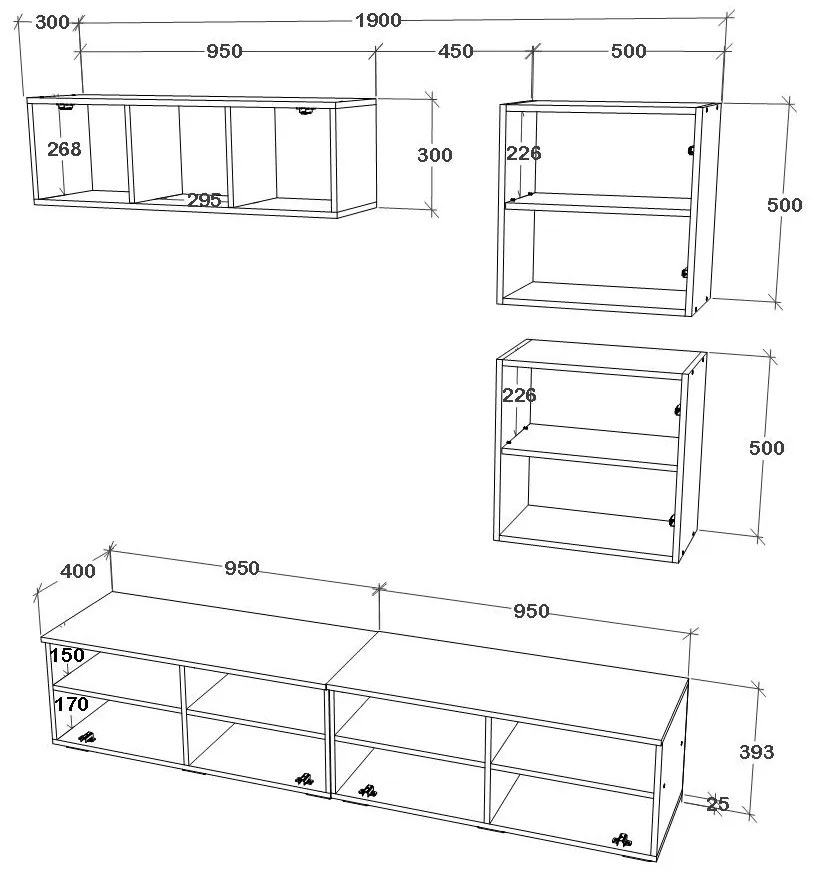 Living Kos V15, Negru/Alb Lucios, MDF, L 190 cm
