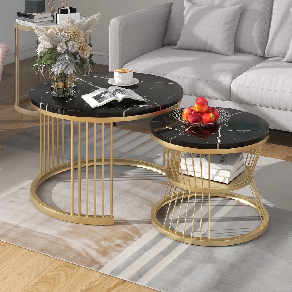 Set de 2 Măsuțe de Cafea Moderne, cu Blat cu Efect de Marmură și Cadru Metalic Auriu, Dimensiuni 70x70x47 cm și 45x45x40 cm, Negru