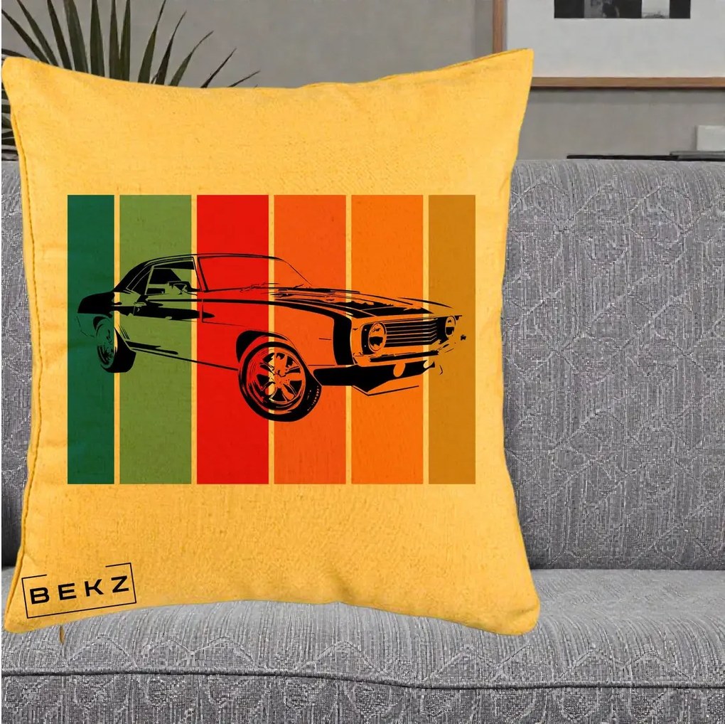 Perna Personalizata Masina Retro Muscle Car Grafic, 40x40 cm, Galben, Husa Detasabila, Perna Inclusa, BEKZ®