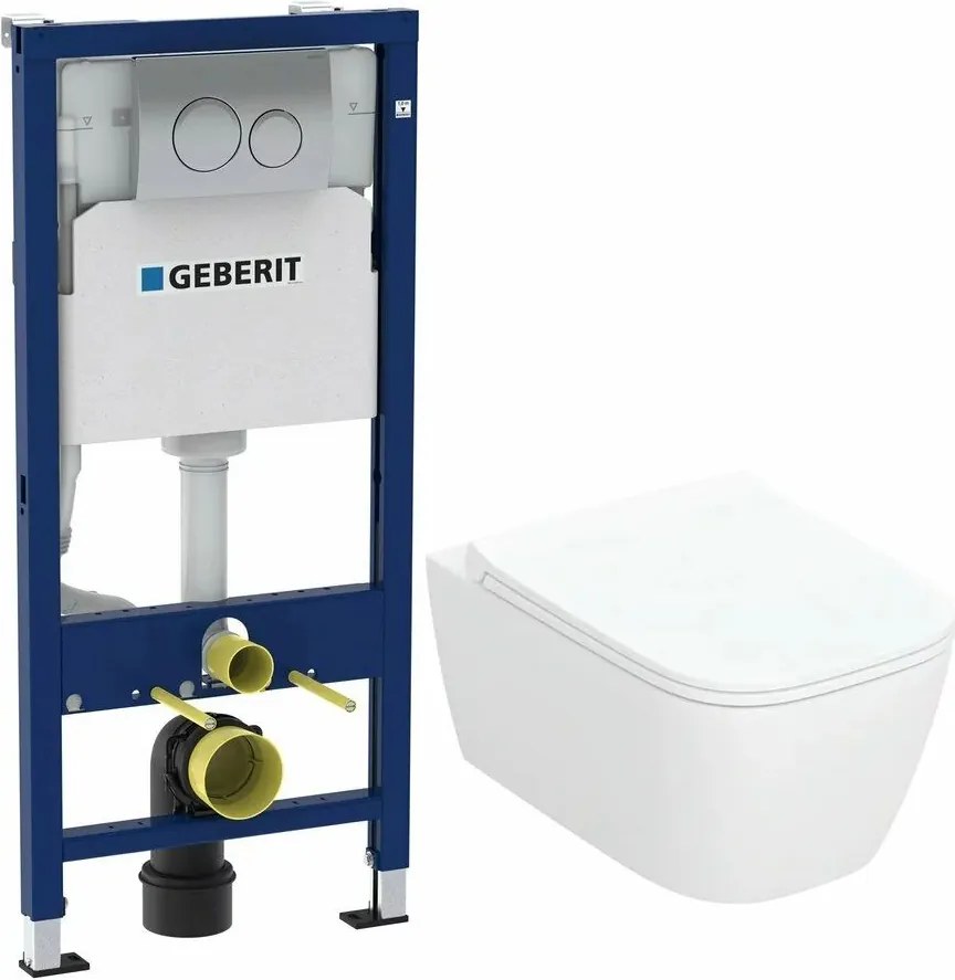 Rezervor WC cu cadru incastrat Geberit Duofix cu clapeta crom Delta20 si vas WC suspendat Smyle TurboFlush alb si capac softclose