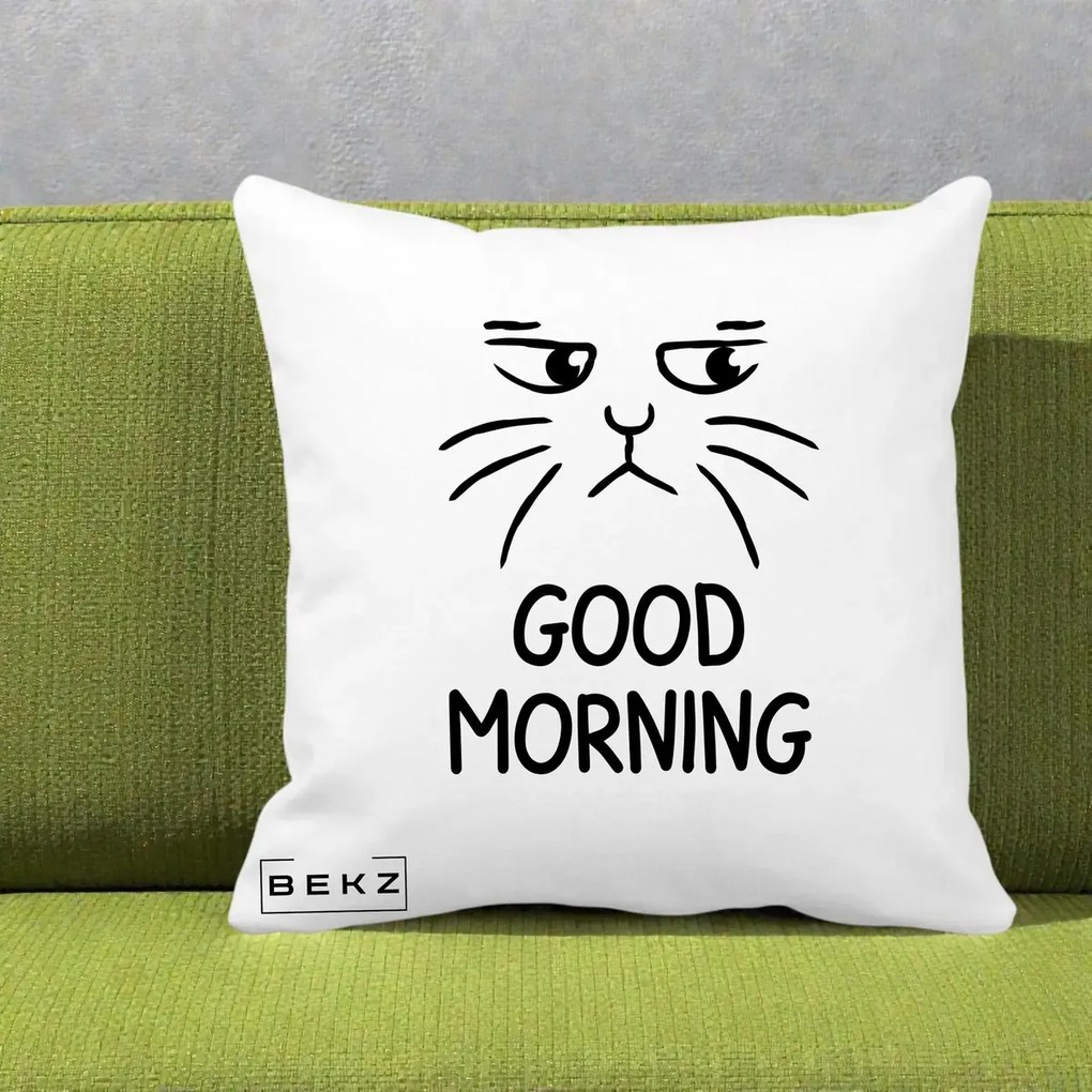 Perna Decorativa Pisica Morocanoasa Good Morning, 40x40 cm, Alba Mata, Husa Detasabila, Perna Inclusa, BEKZ®