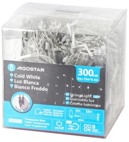 Aigostar - Ghirlandă LED de exterior pentru Crăciun 300xLED/8 funcții 15x0,4 m IP44 alb rece