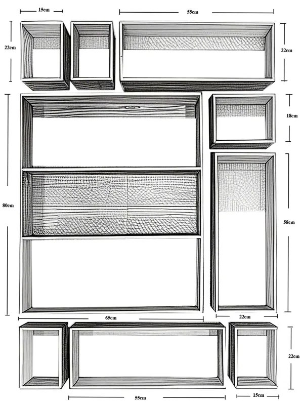 Etajeră modulară din lemn de pin, set 9 piese, L87 x A11,5 x H120 cm