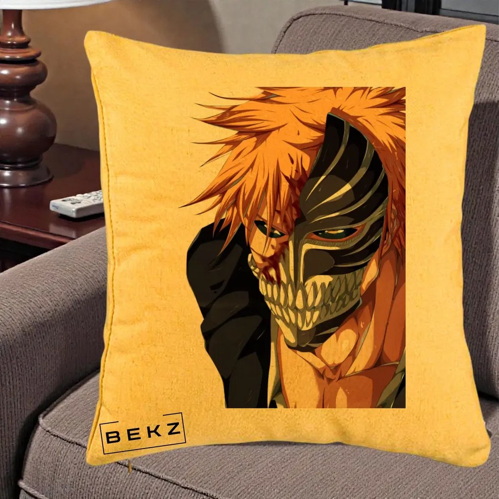 Perna Personalizata Bleach Ichigo Masca Hollow, 40x40 cm, Galben, Husa Detasabila, Perna Inclusa, BEKZ®