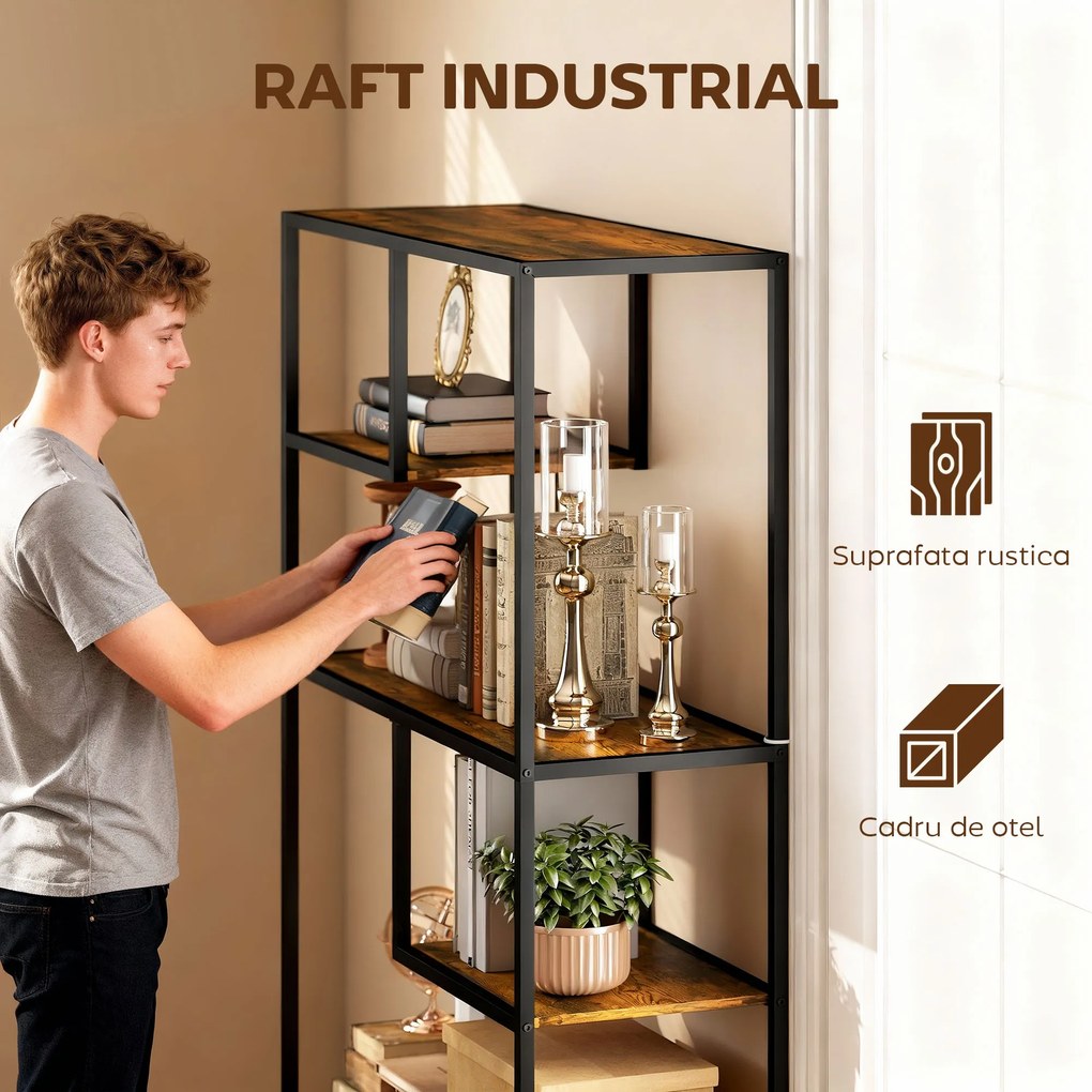 HOMCOM Bibliotecă Mobilă cu 7 Nivele din Lemn și Oțel în Stil Industrial, 83x34x180 cm, Maro | Aosom Romania