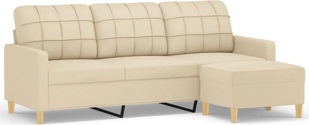 vidaXL Canapea cu 3 locuri cu taburet, crem, 180 cm, material textil
