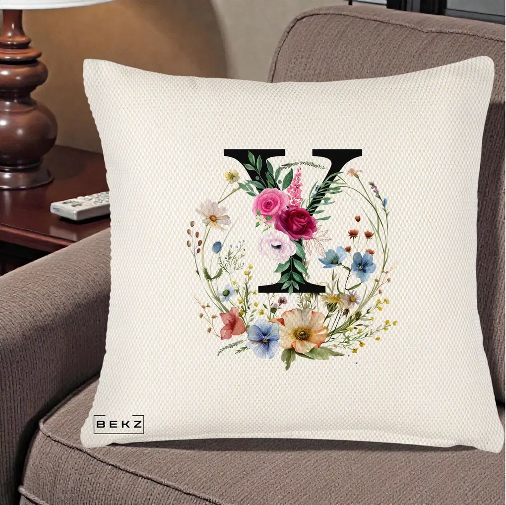 Cadou Personalizat - Perna Personalizata Monograma Florala Litera Y cu Coroana, 40x40 cm, Crem Reliefat, Husa Detasabila, Perna Inclusa, BEKZ®