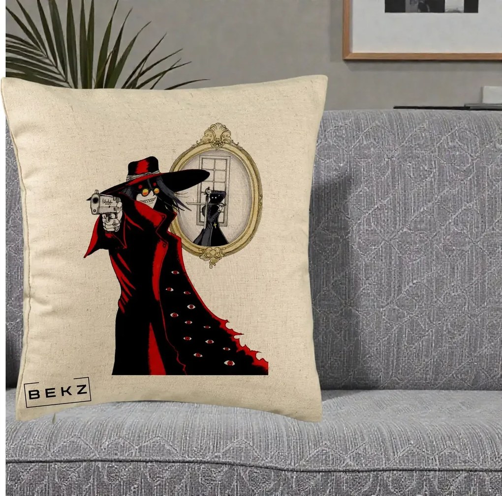 Perna Personalizata Hellsing Alucard cu Pistoale, 40x40 cm, Bej, Husa Detasabila, Perna Inclusa, BEKZ®