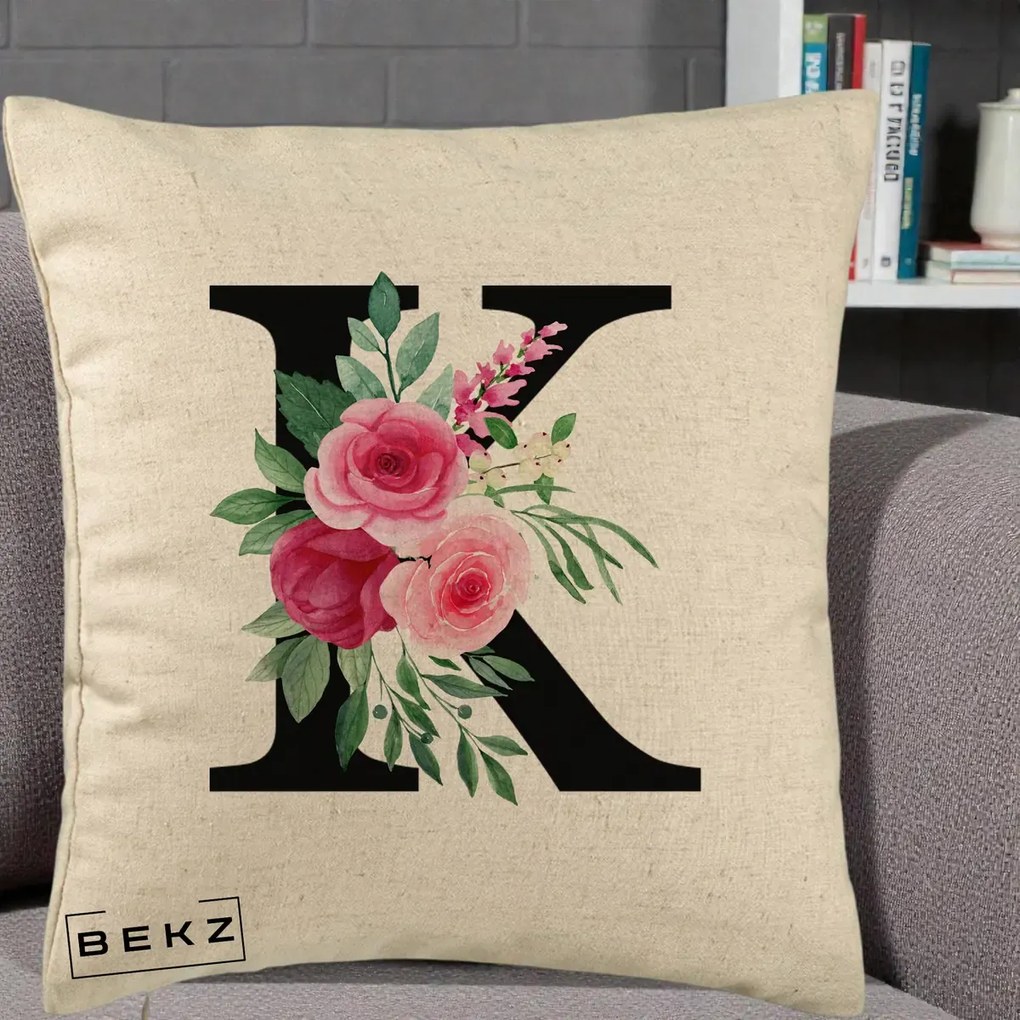 Cadou Personalizat - Perna Personalizata Monograma Florala Litera K, 40x40 cm, Bej, Husa Detasabila, Perna Inclusa, BEKZ®