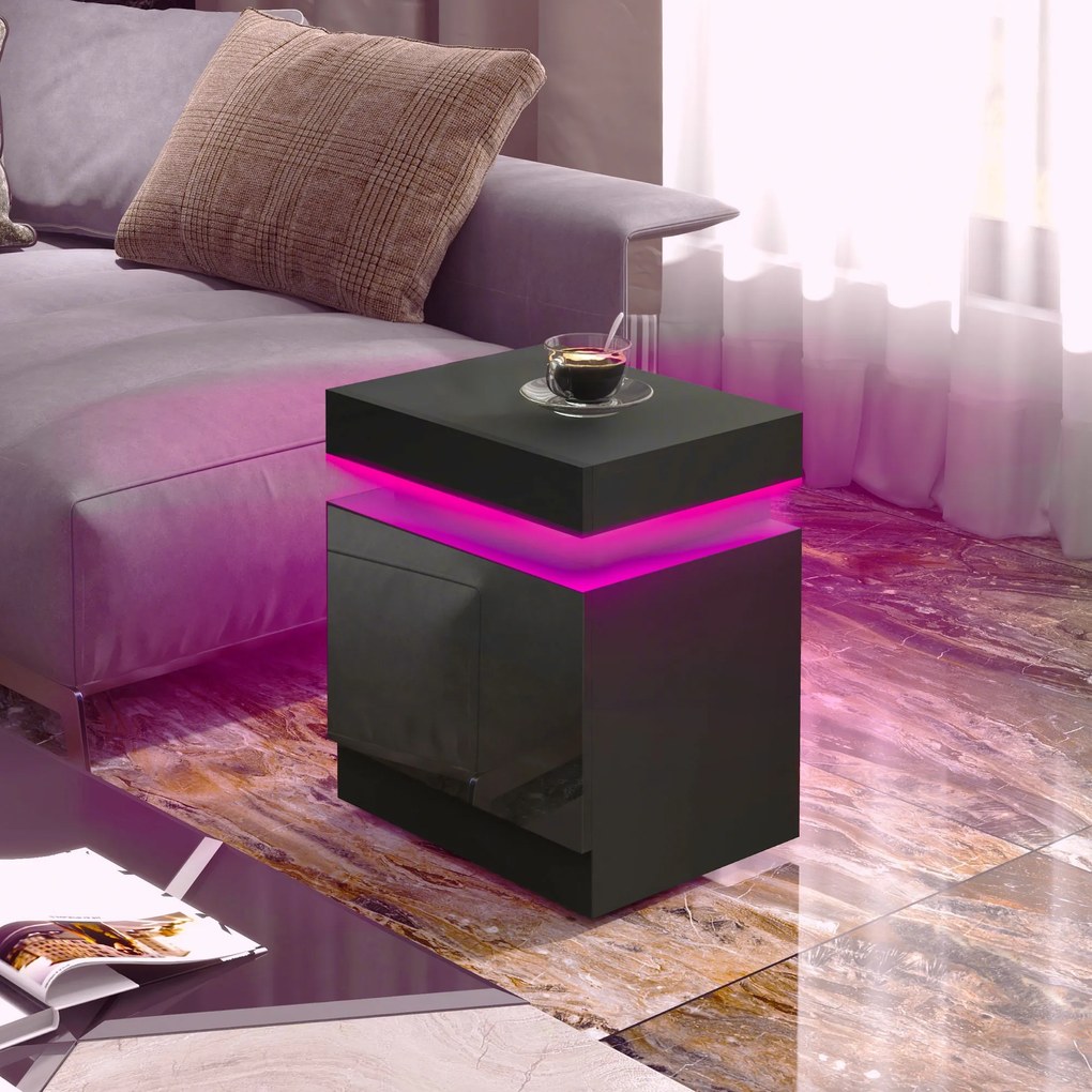 HOMCOM Masă de noapte neagră cu lumină LED, Front lucios cu 2 sertare, pentru Sufragerie, Dormitor | Aosom Romania