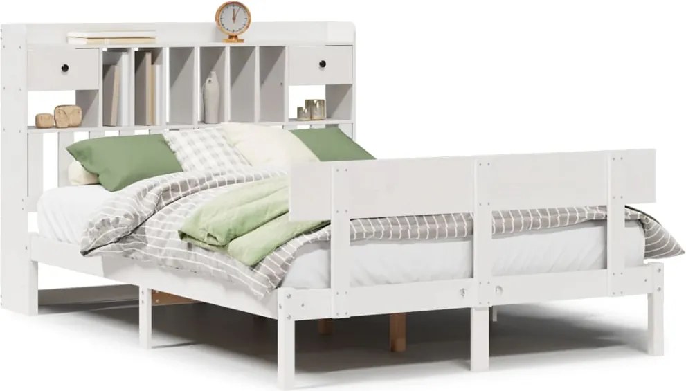 vidaXL Pat cu bibliotecă fără saltea, alb, 140x190 cm, lemn masiv pin