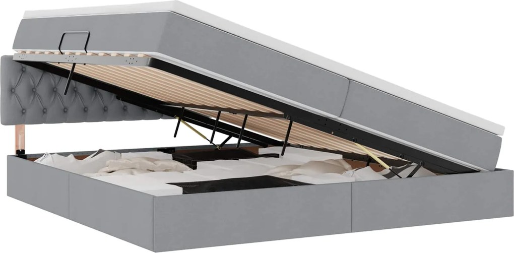 vidaXL Pat cu saltea și spațiu de depozitare Gri deschis 200 x 200 cm