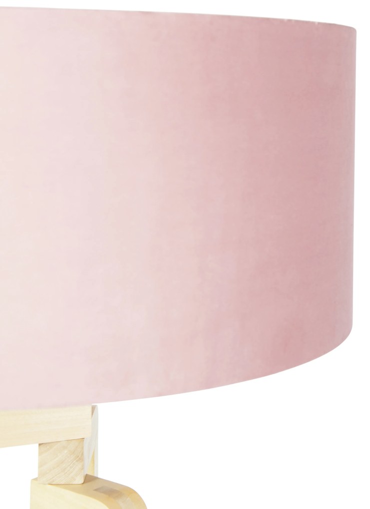 Lampă de podea cu trepied din lemn cu abajur din catifea roz 50 cm - Puros