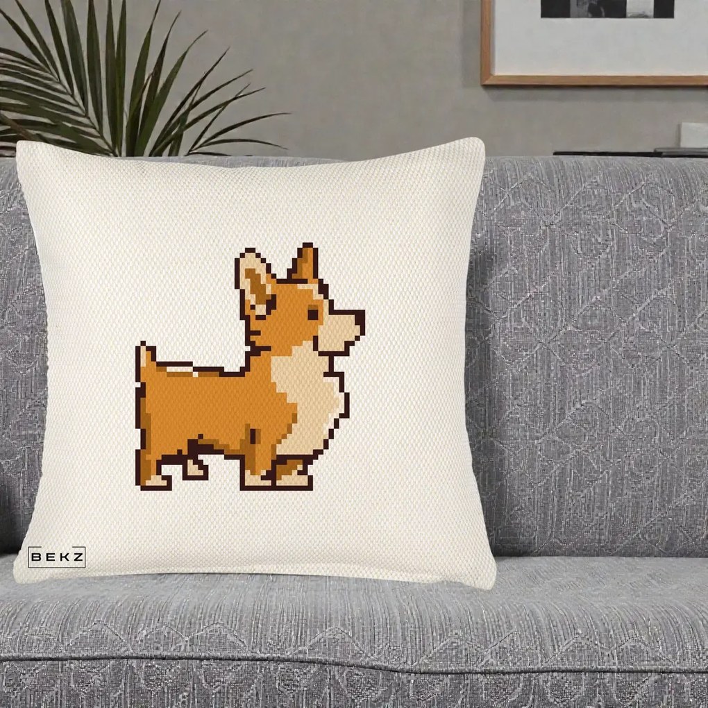 Perna Personalizata Corgi Pixel Art, 40x40 cm, Crem Reliefat, Husa Detasabila, Perna Inclusa, BEKZ®