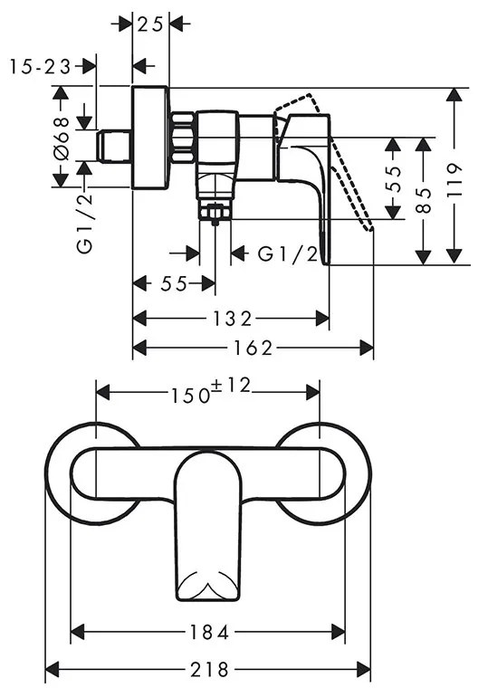 Baterie de dus, Hansgrohe, Rebris E, crom