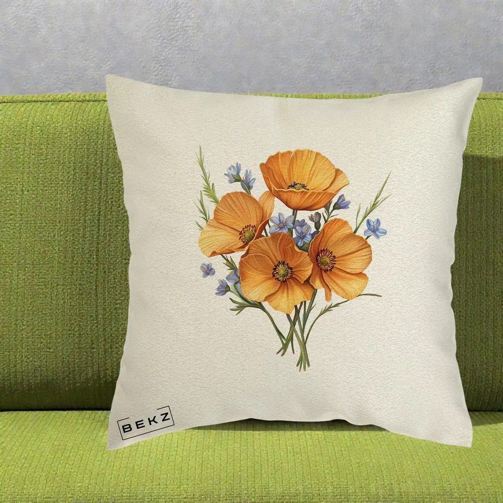 Perna Decorativa Maci Portocalii cu Floricele Albastre, 40x40 cm, Ecru, Husa Detasabila, Perna Inclusa, BEKZ®