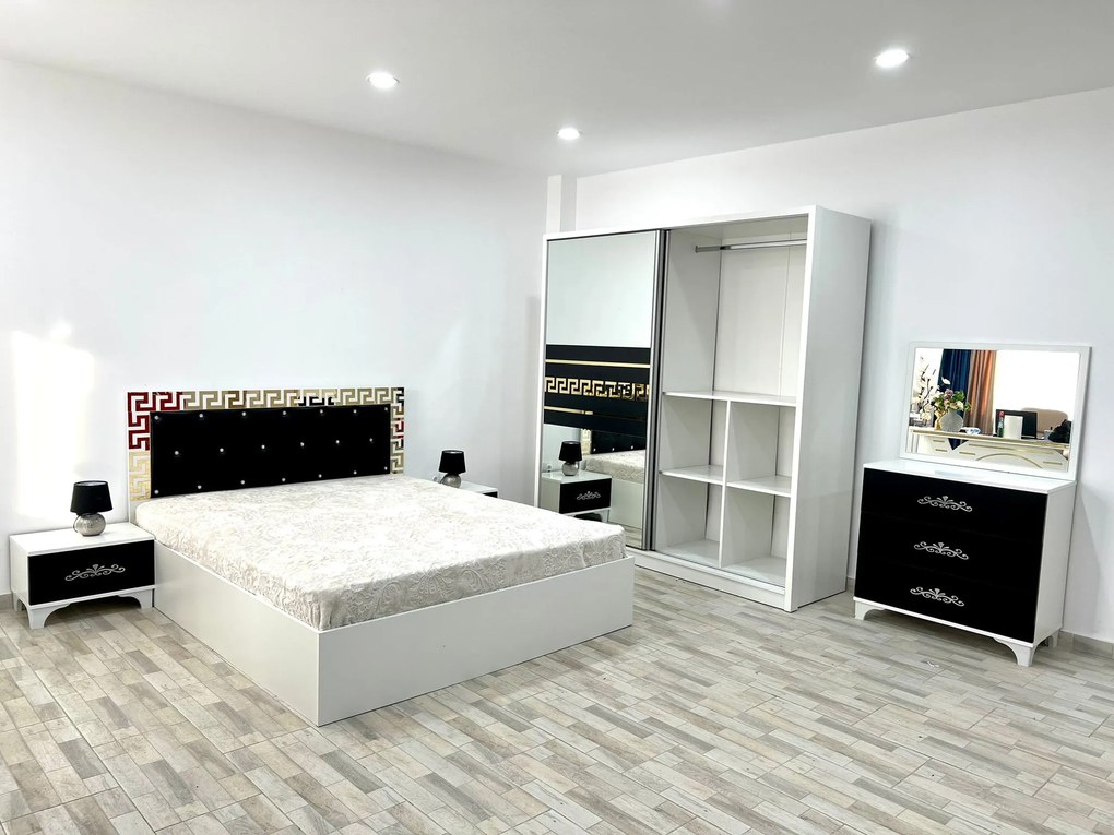 Dormitor Palermo, culoare alb / negru, cu pat tapitat 160 x 200 cm, dulap cu 2 usi, comoda cu oglinda, 2 noptiere