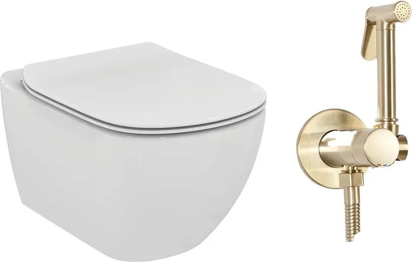 Pachet vas wc suspendat Ideal Standard Tesi, capac softclose si set dus igiena intima auriu cu baterie incastrata Rea Loop