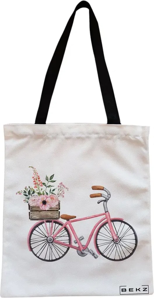 Sacosa de Panza pentru Cumparaturi, Geanta Tote, model Spring on Two Wheels, Cu fermoar, 38x34.5 cm, Alba, BEKZ®